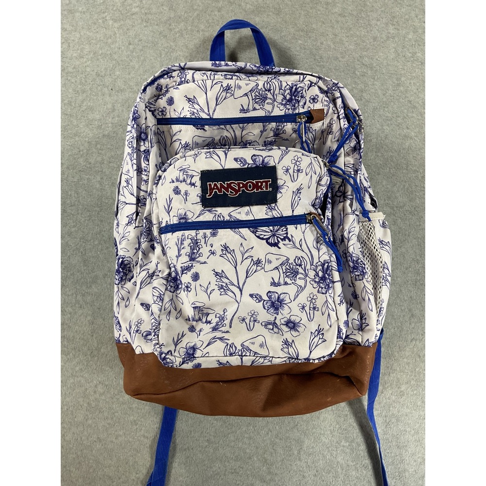 JanSport Blue Floral Mushroom Print Backpack White Brown Faux Leather Bottom